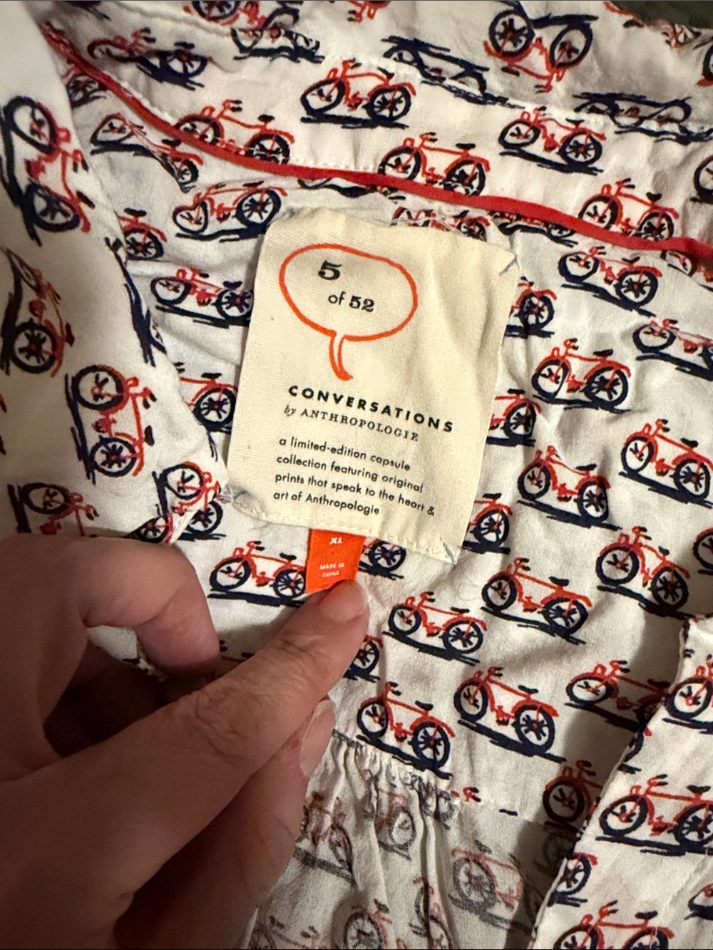 Anthropologie White Blouse with Red & Navy Bicycle Print - Picture 2 of 5